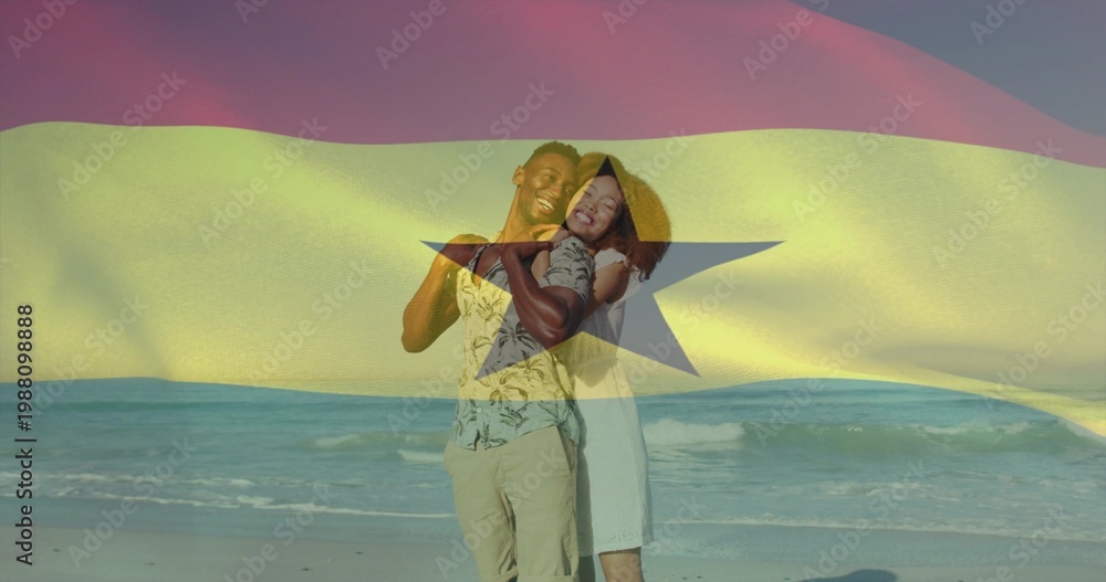 Obraz premium Standing couple embracing at beach shoreline, wearing dress, shirt, straw hat, star flag overlay