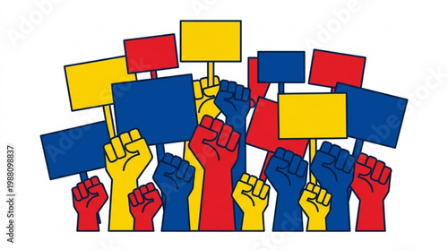 Protestors holding signs and raising fists in solidarity.