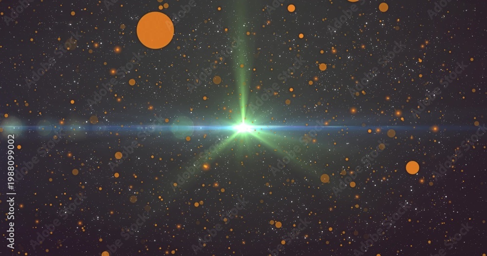 Fototapeta premium Glowing green starburst sending radial spikes in space, with blue-green flare, orange discs