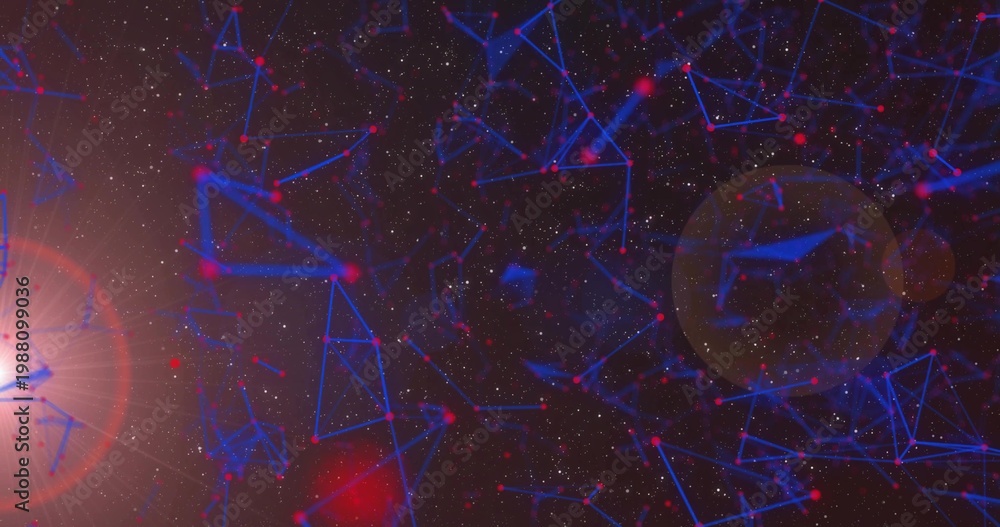 Fototapeta premium Connecting blue constellation lines and red nodes spanning center of space scene, with lens flare