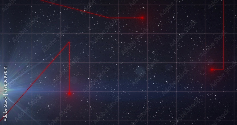 Fototapeta premium Displaying central starfield and grid in outer-space HUD with red lines, glowing nodes, left flare