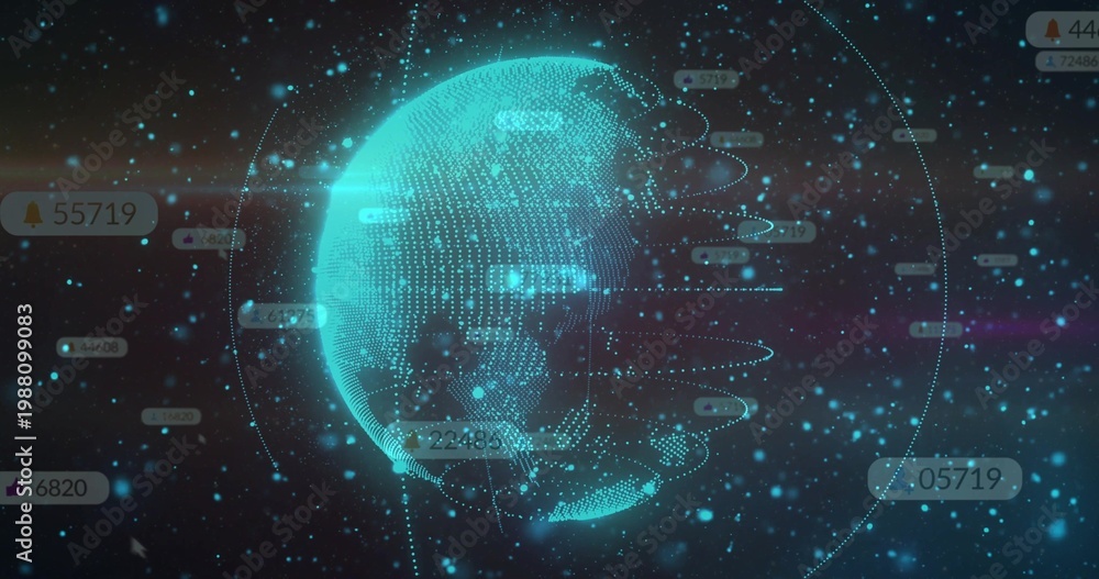 Fototapeta premium Rotating holographic globe showing cyan point cloud and orbital rings in dark space, with badges
