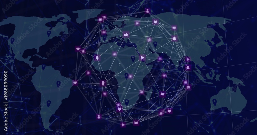 Fototapeta premium Displaying translucent spherical network over global map, showing purple nodes, icons and blue pins