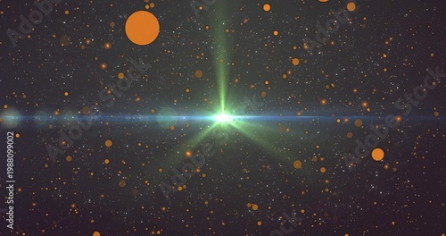 Glowing green starburst sending radial spikes in space, with blue-green flare, orange discs