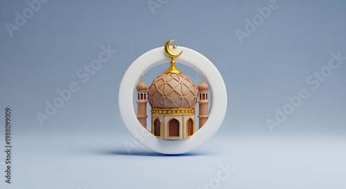 A stylized 3d rendered mosque with a golden crescent moon atop a circular platform high quality