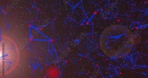 Connecting blue constellation lines and red nodes spanning center of space scene, with lens flare