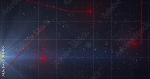 Displaying central starfield and grid in outer-space HUD with red lines, glowing nodes, left flare