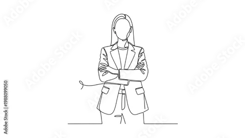 Continuous line drawing of a confident businesswoman standing with crossed arms