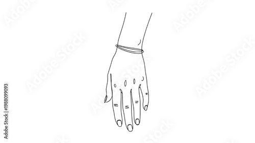 A continuous line drawing of a hand with a bangle on the wrist