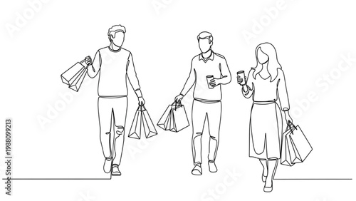 Continuous line drawing of people walking with shopping bags in city