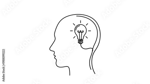 Continuous line drawing of a human head with a lightbulb