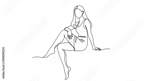 Continuous line drawing of a woman sitting and relaxing outdoors