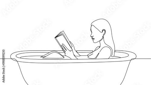 Continuous line drawing of woman relaxing in bathtub with book
