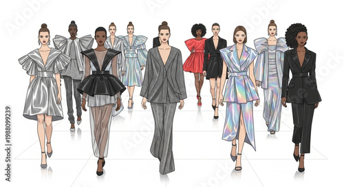 Diverse group of fashion models showcasing avant-garde haute couture outfits on a white background.