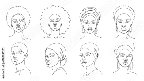 Continuous line drawing of diverse women with various hairstyles and head wraps