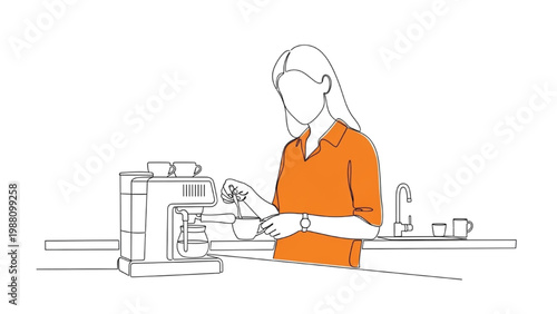 Woman using coffee machine with continuous line drawing technique