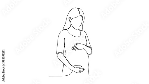 Continuous line drawing of a pregnant woman touching her belly gently