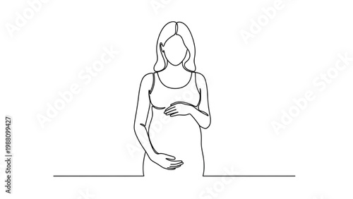 A pregnant woman in a continuous line drawing holds her belly.