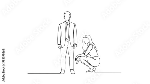 Continuous line drawing of a man standing and a woman crouching