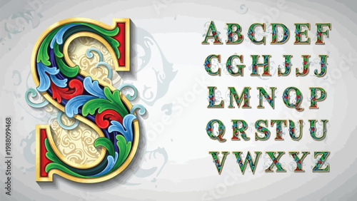 Medieval illuminated letter with intricate alphabet design beside it Vector