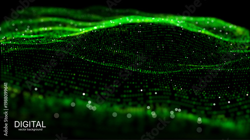Futuristic green wave vector background with glowing particles and grid. Big data visualization, AI concept, data processing. Perfect for cybersecurity, blockchain tech presentation. Neon digital flow