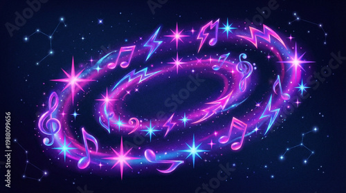 Magical Music Galaxy Swirl with Notes and Stars.