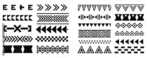 Hawaiian tribal border dividers geometric line set, traditional Polynesian style ornamental patterns for frames, textile prints, branding, posters, and cultural heritage inspired vector design.