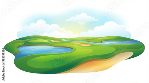 Beautiful Golf Course Landscape with Water Hazards and Sand Traps.