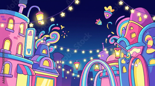 Whimsical Cartoon Cityscape at Night with Festive Lights.