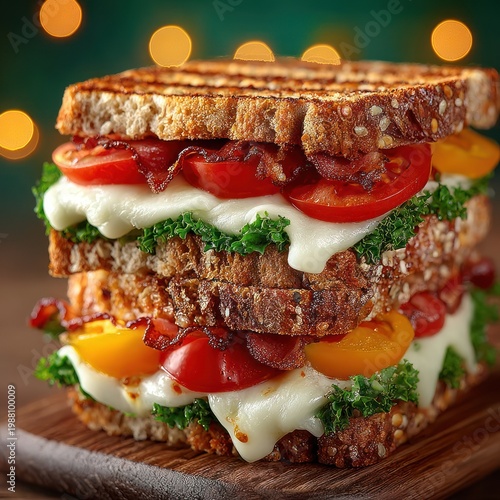 Stacked toasted sandwich with tomatoes, cheese, bacon, and greens