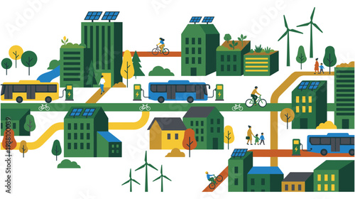 Sustainable city life with electric vehicles, solar power, and green living.