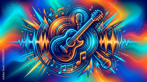 Vibrant Neon Guitar with Musical Elements and Sound Waves.