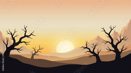 Silhouette of Dead Trees Against a Warm Sunset Sky.