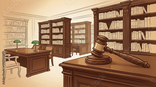 Gavel resting on a wooden desk in a library.