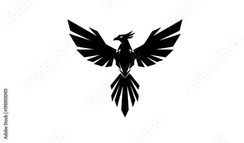 Trendy black phoenix silhouette emblem with rising wings and sharp vector design