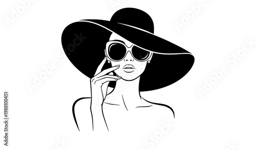 Stylish woman silhouette with large hat and sunglasses elegant black and white fashion vector design