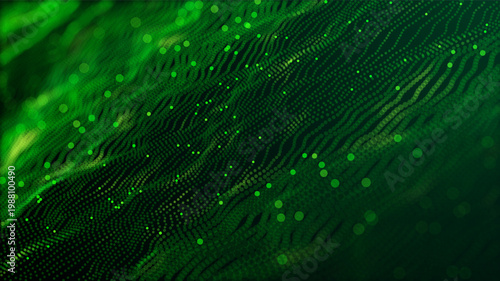 Futuristic green wave vector background with glowing particles and grid. Big data visualization, AI concept, data processing. Perfect for cybersecurity, blockchain tech presentation. Neon digital flow