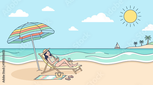 Clean flat design of a relaxing summer day at the beach with ocean view. Suncbathing or reading a book while enjoy the sea breeze.