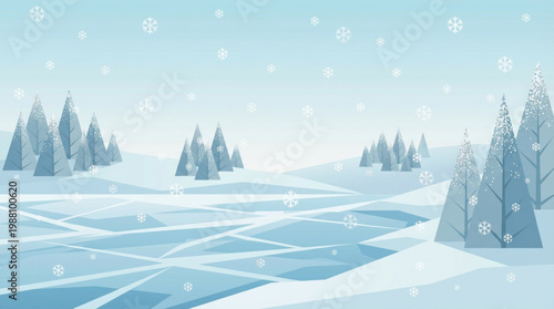 Winter Landscape with Frozen Lake and Snow-Covered Trees.