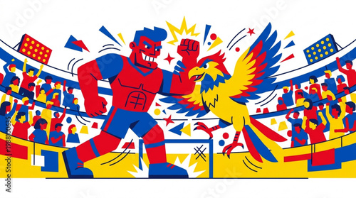 Man fighting a bird in a stadium.