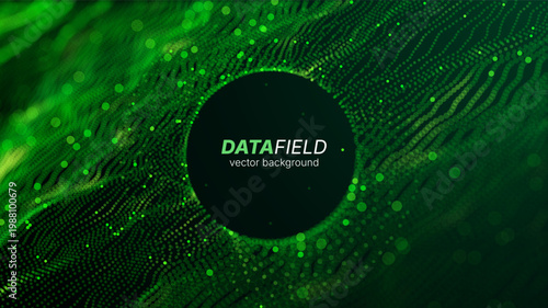 Futuristic green wave vector background with glowing particles and grid. Big data visualization, AI concept, data processing. Perfect for cybersecurity, blockchain tech presentation. Neon digital flow