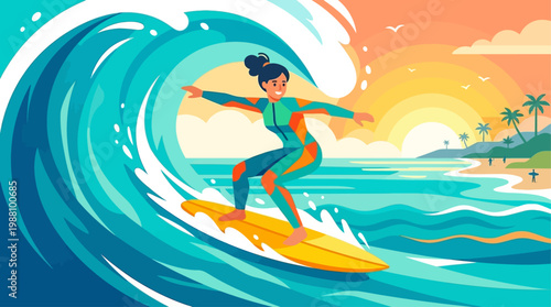 Dynamic flat illustration of a surfer riding waves during summer vacation. 