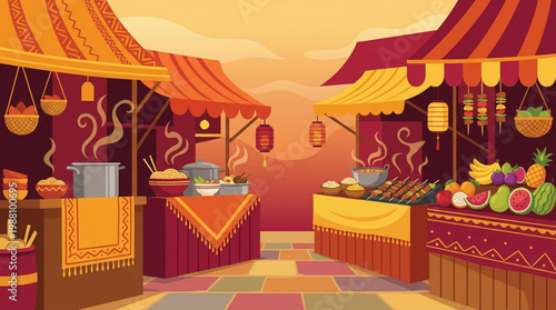 Vibrant Outdoor Food Market Stalls with Delicious Offerings.
