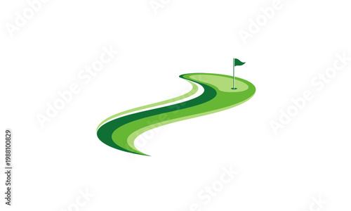 Winding golf course fairway with flag and pin.