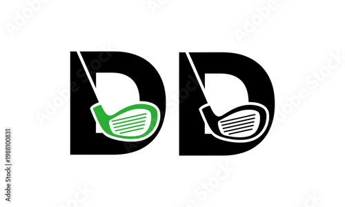 Golf club hitting ball inside letter d icon.