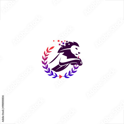 Competitive gaming niche logo for technology industry featuring dynamic tech style for e-sports branding use, combining a digital lion mascot and laurel wreath to represent leadership, victory 