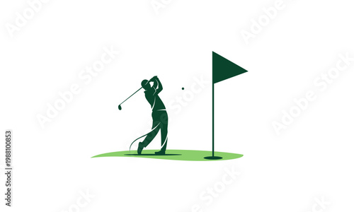 Golfer silhouette hitting ball towards flag on green.
