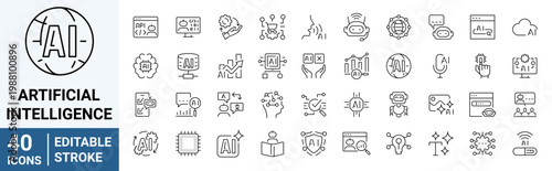 Set of 40 outline icons related to artificial intelligence. Linear icon collection. Editable stroke. Vector illustration