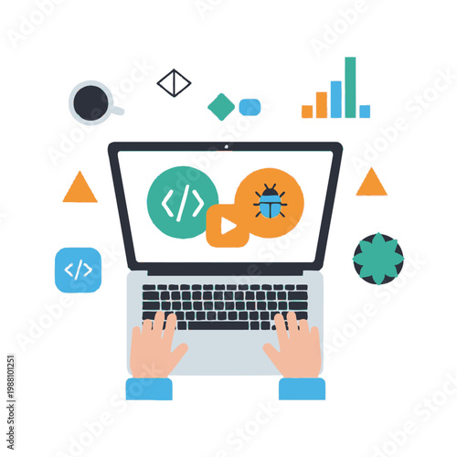 Coding and debugging on laptop, software development, bug fixing, programming concept