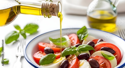Fresh Caprese salad with ripe tomatoes, creamy mozzarella, black olives, and fragrant basil, drizzled with golden olive oil, presented on a rustic plate.